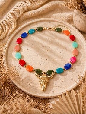 Western Cowgirl Style Gold Bull Pendant Multicolor Bead Necklace NWT